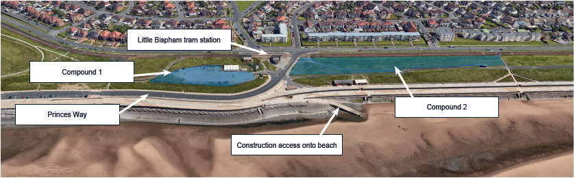 Aerial view of the construction compounds to be used during construction. 