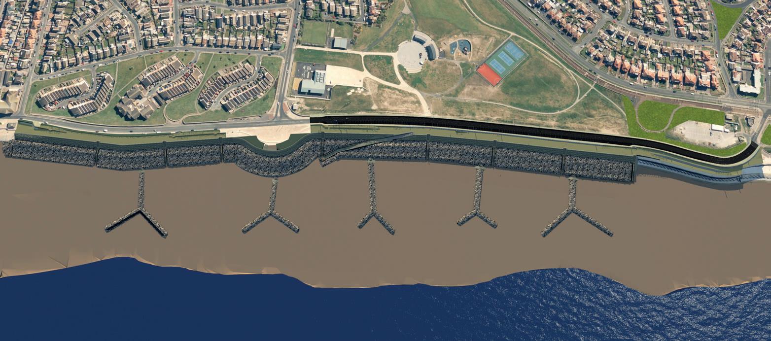 Aerial visualisation of the rock revetment and rock groynes