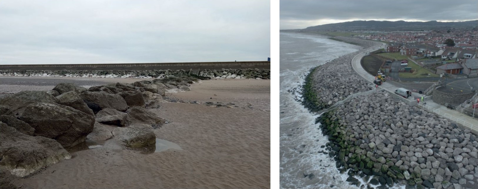 Rock groins at Rossall and Rhyl side by side. 